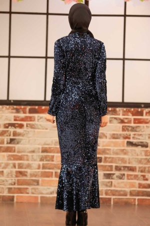 Neva Style - Navy Blue Turkish Hijab Long Sleeve Dress 32370L - 2