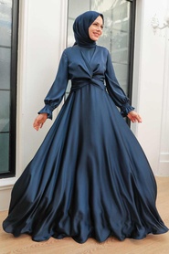 Neva Style - Stylish Navy Blue Islamic Clothing Engagement Dress 3389L - Thumbnail