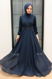 Neva Style - Stylish Navy Blue Islamic Evening Gown 3435L - Thumbnail