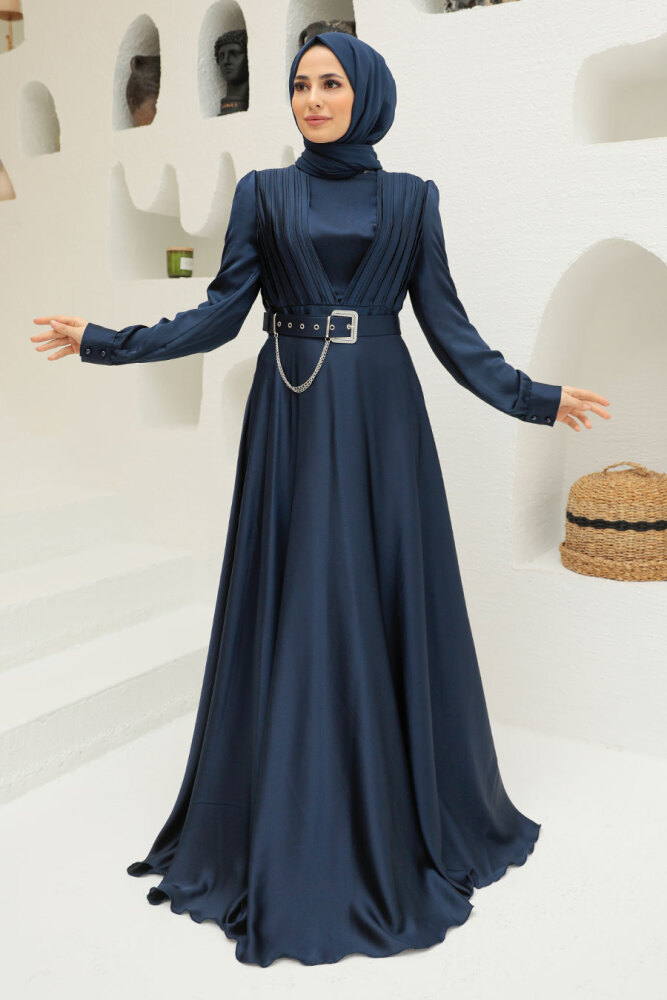 Neva Style - Long Sleeve Navy Blue Islamic Long Sleeve Maxi Dress 3454L - 1