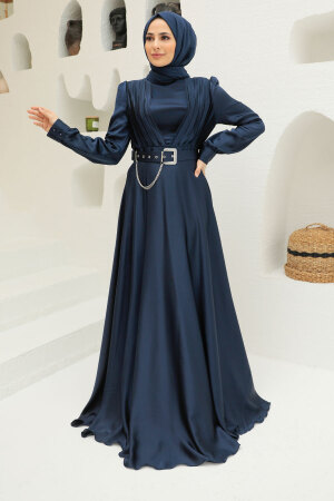 Neva Style - Long Sleeve Navy Blue Islamic Long Sleeve Maxi Dress 3454L - 2