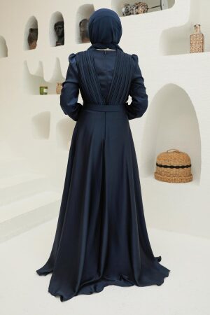 Neva Style - Long Sleeve Navy Blue Islamic Long Sleeve Maxi Dress 3454L - 3