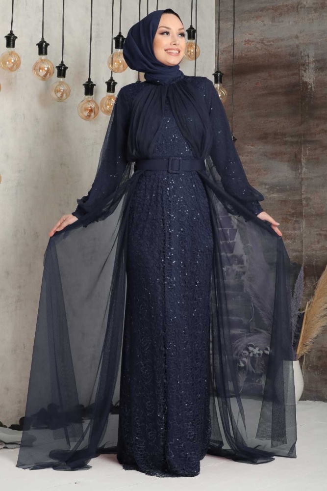 Neva Style - Navy Blue Turkish Hijab Prom Dress 5441L - 1