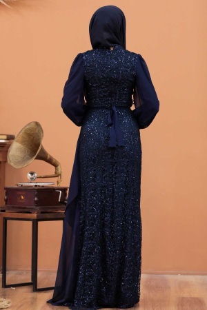 Neva Style - Elegant Navy Blue Islamic Clothing Prom Dress 5516L - Thumbnail