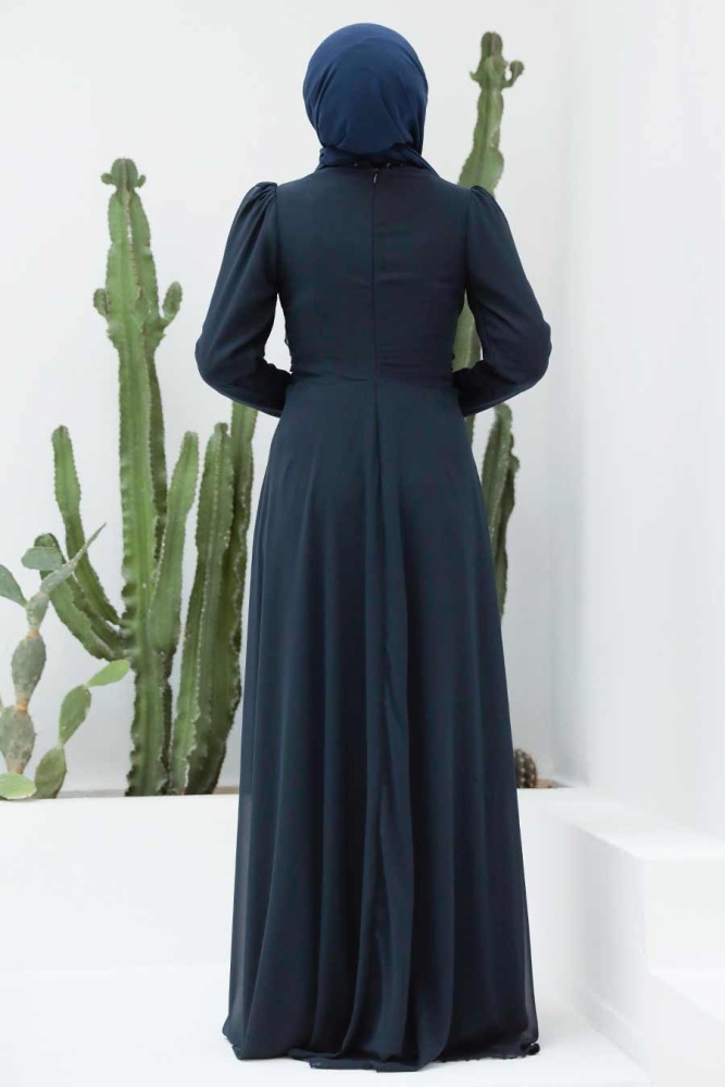 Neva Style - Plus Size Navy Blue Modest Islamic Clothing Wedding Dress 56280L - 4