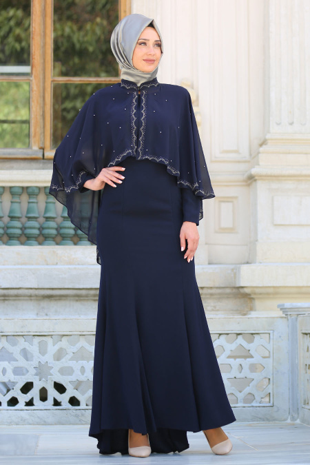 Navy Blue Hijab Evening Dress 7612L