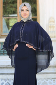 Navy Blue Hijab Evening Dress 7612L - Thumbnail
