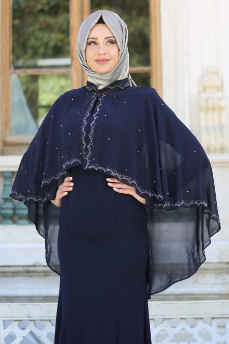 Navy Blue Hijab Evening Dress 7612L - 2