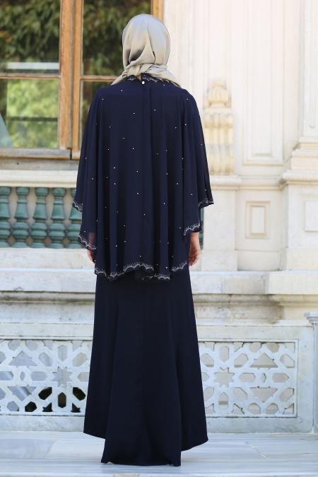 Navy Blue Hijab Evening Dress 7612L - 3