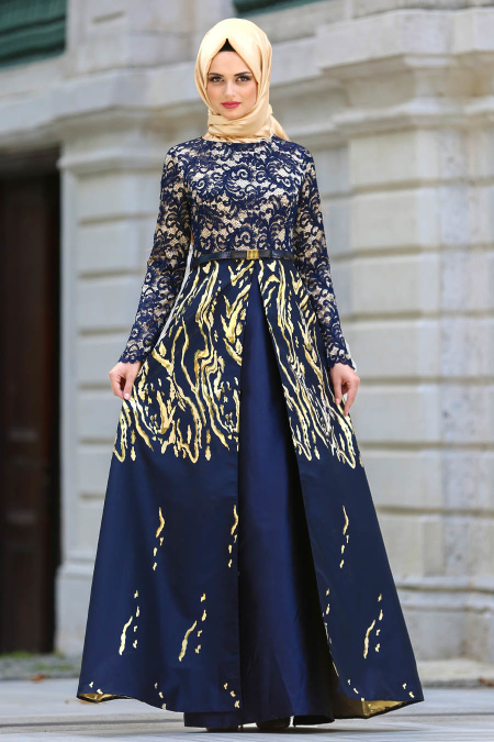 Navy Blue Hijab Evening Dress 82442L