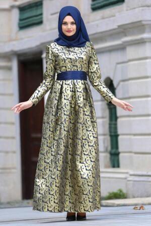 Navy Blue Hijab Evening Dress 82446L - 1