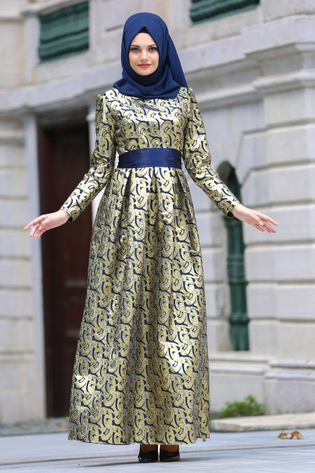 Navy Blue Hijab Evening Dress 82446L