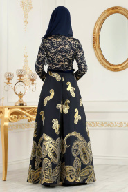 Neva Style - Long Navy Blue Islamic Dress 82447L - Thumbnail