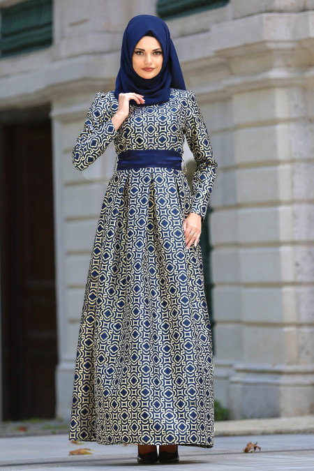 Navy Blue Hijab Evening Dress 82451L