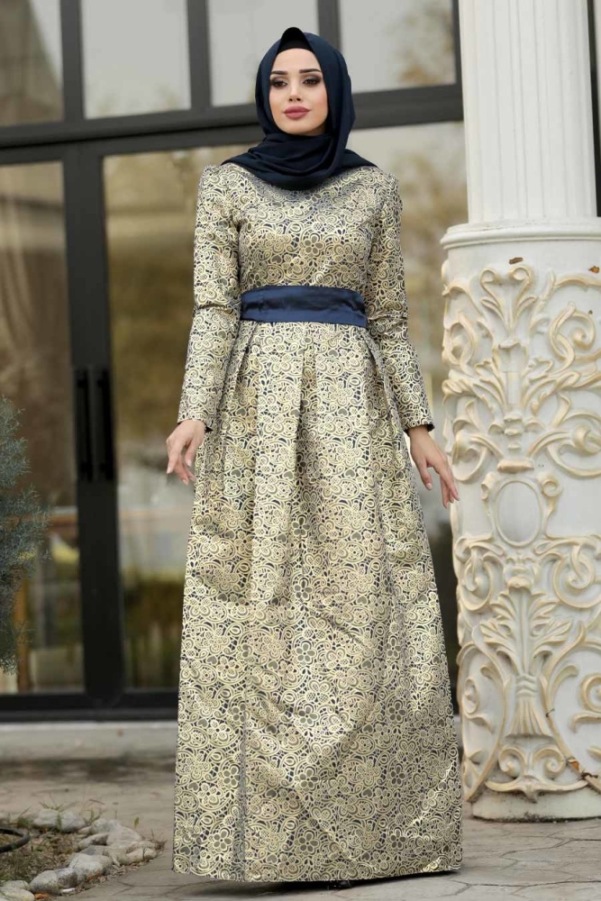 Navy Blue Hijab Evening Dress 82452L - 1