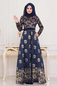 Navy Blue Hijab Evening Dress 82457L - Thumbnail