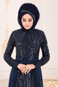 Navy Blue Hijab Evening Dress 83840L - Thumbnail
