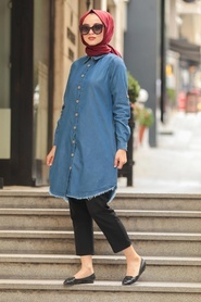 Navy Blue Hijab Jeans Tunic 5672L - Thumbnail