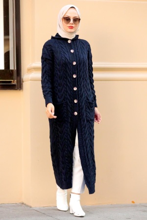 Navy Blue Hijab Knitwear Cardigan 5373L - 1