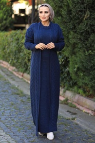 Navy Blue Hijab Knitwear Suit 15020L - Thumbnail