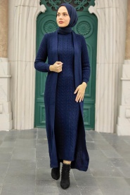 Navy Blue Hijab Knitwear Suit Dress 3171L - Thumbnail
