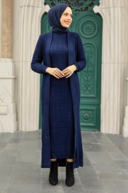 Navy Blue Hijab Knitwear Suit Dress 3171L - Thumbnail