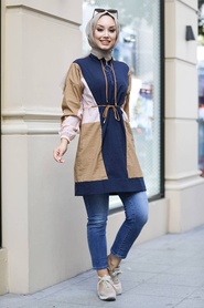 Navy Blue Hijab Raincoat Tunic 5381L - Thumbnail