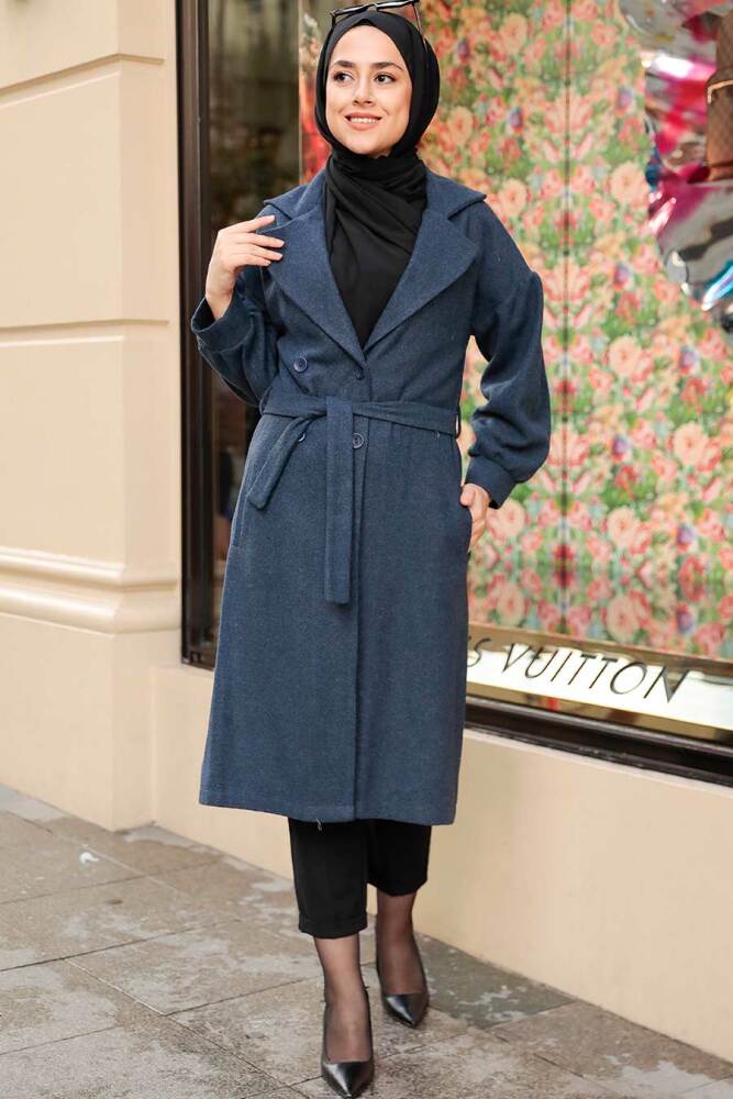 Navy Blue Hijab Stamp Coat 5802L - 5