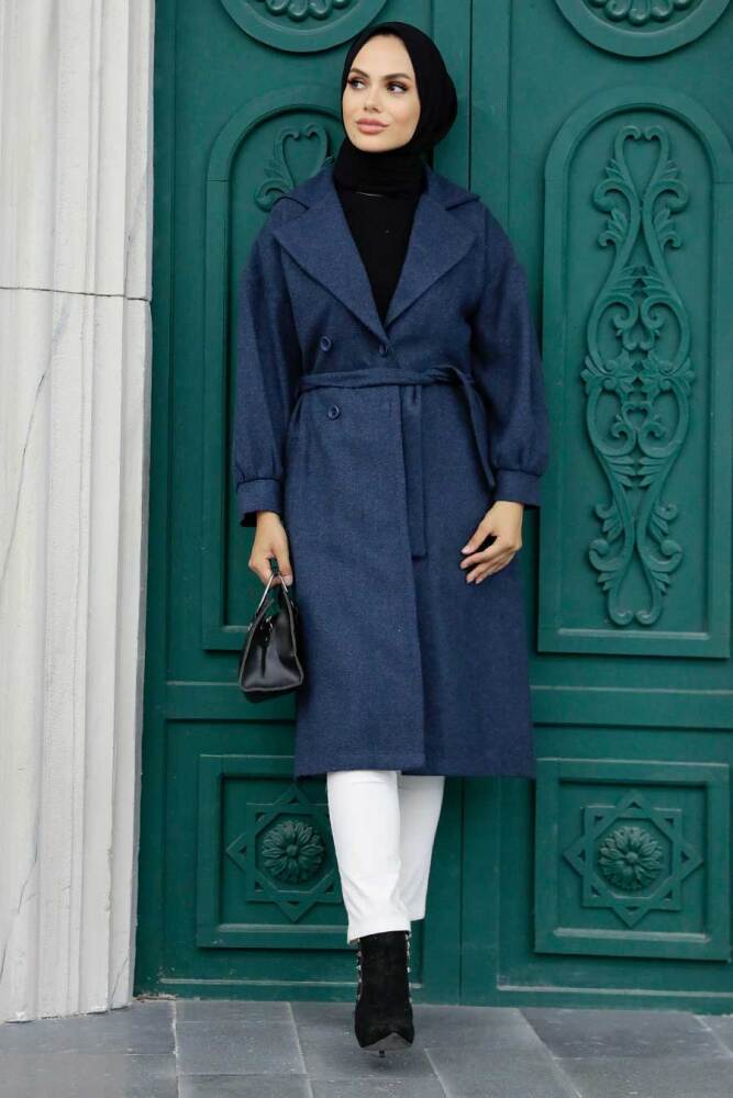 Navy Blue Hijab Stamp Coat 5802L - 2