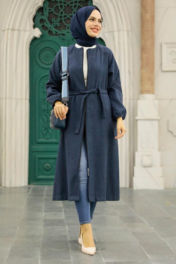 Navy Blue Hijab Stamp Coat 5822L - 1