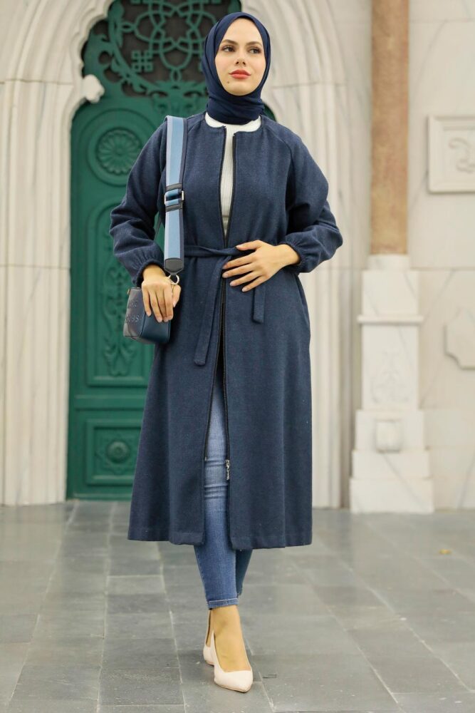 Navy Blue Hijab Stamp Coat 5822L - 3