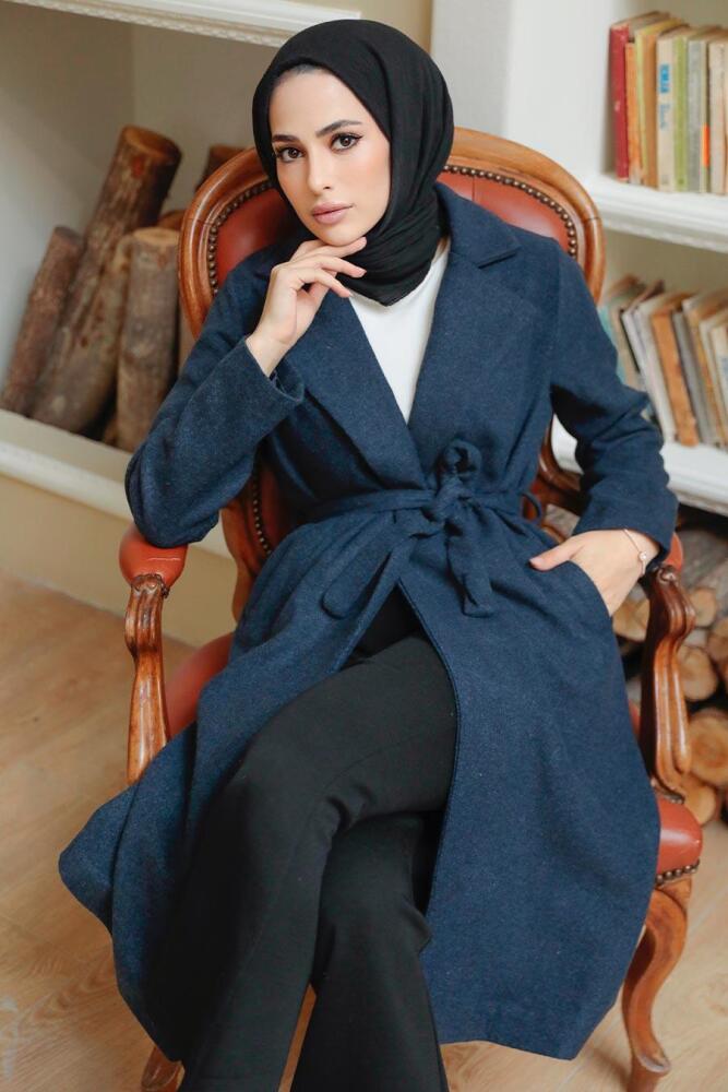 Navy Blue Hijab Stamp Coat 70150L - 3