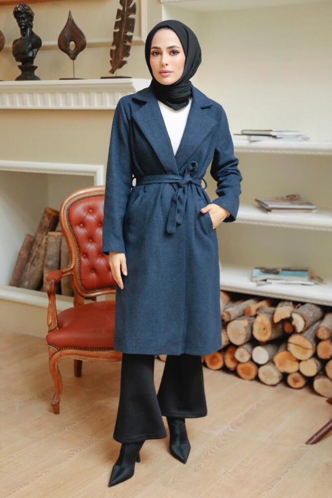 Navy Blue Hijab Stamp Coat 70150L - 2