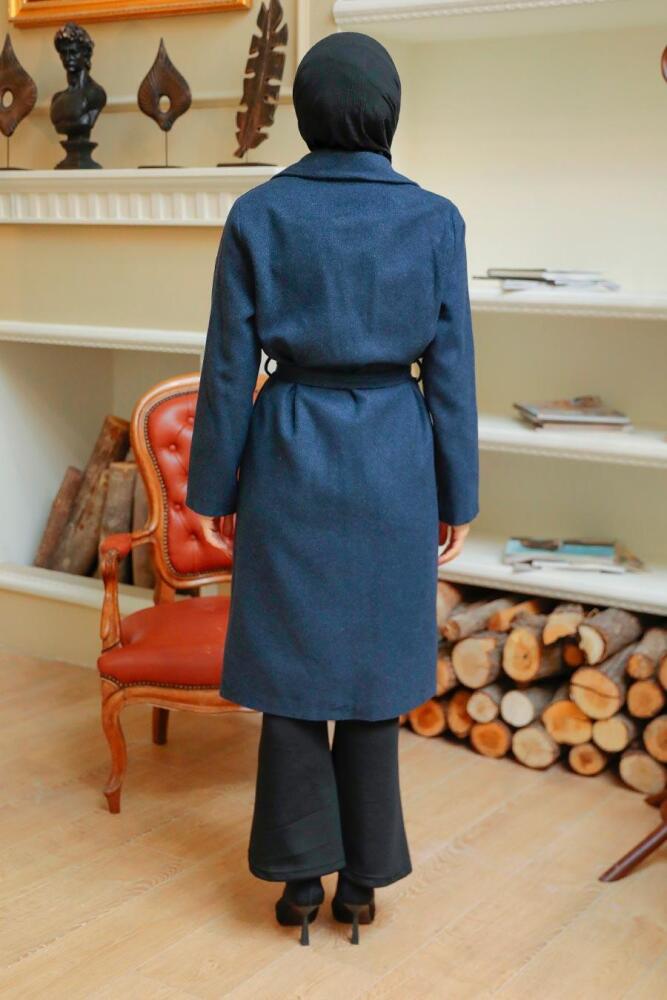 Navy Blue Hijab Stamp Coat 70150L - 4