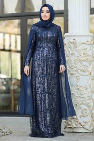 Navy Blue Hijab Evening Dress 20940L - Thumbnail