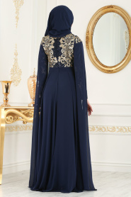 Navy Blue Hijab Evening Dress 8078L - Thumbnail