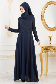 Navy Blue Hijab Evening Dress 8238L - Thumbnail