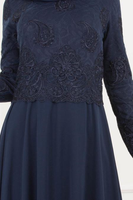 Navy Blue Hijab Evening Dress 8238L - 2