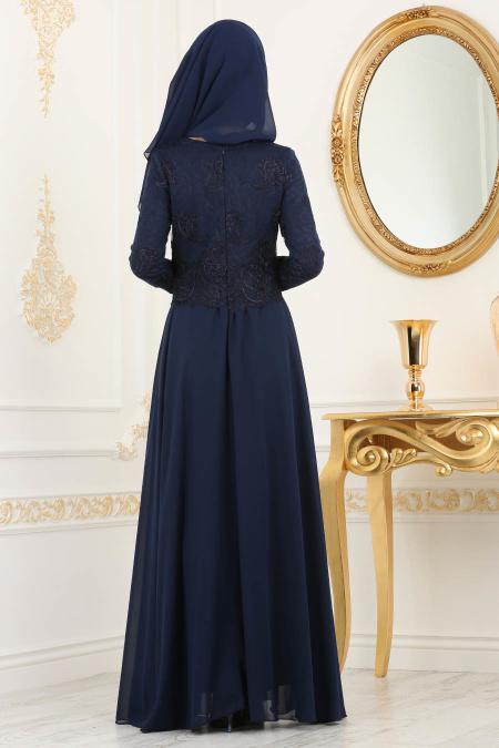 Navy Blue Hijab Evening Dress 8238L - 3