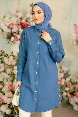 Navy Blue Modest Denim Top 10504L - 2