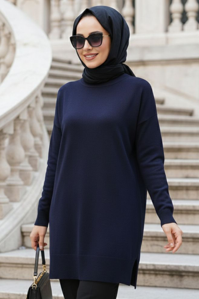Navy Blue Modest Knit Sweater 10901L - 1