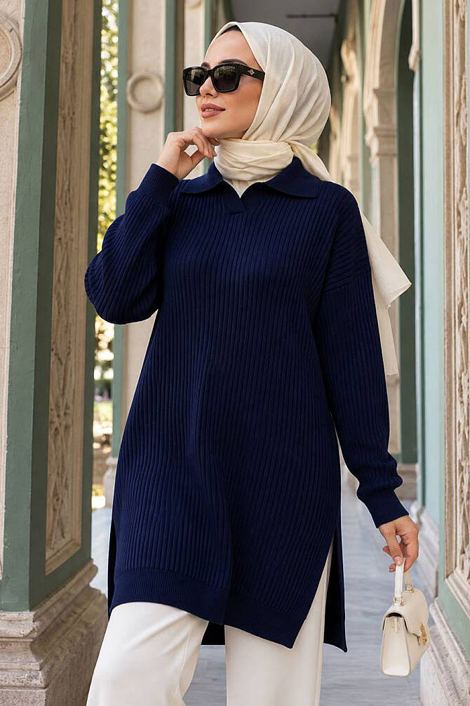 Navy Blue Modest Knit Sweater 10921L - 1