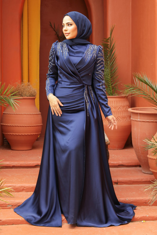 Navy Blue Modest Long Satin Dress 43381L - 1