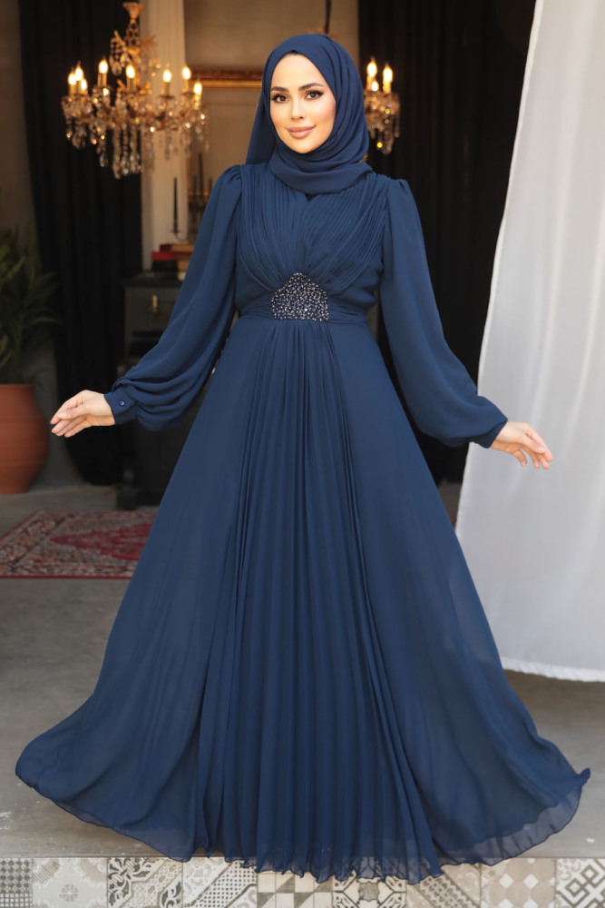 Navy Blue Modest Wedding Dress 4448L - 1