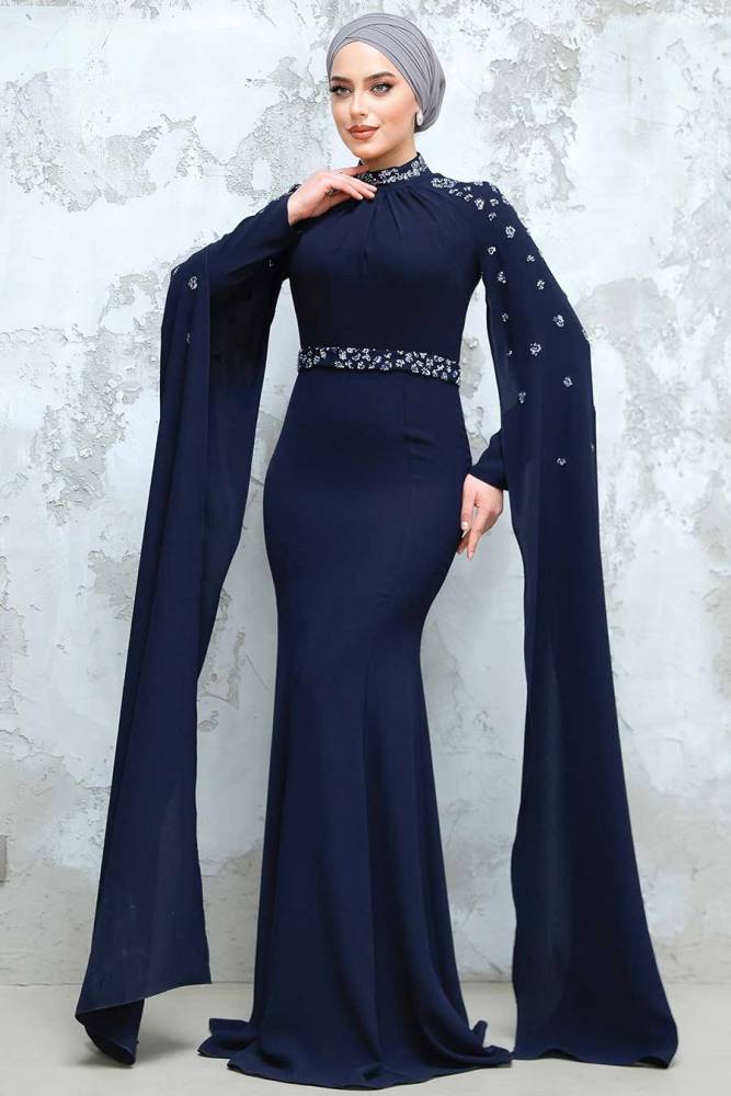 Navy Blue Modest Wedding Dress 4863L - 2