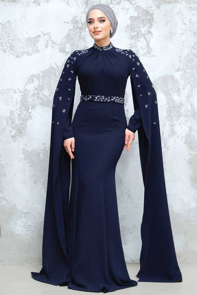 Navy Blue Modest Wedding Dress 4863L - 1