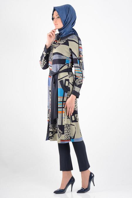 Nayla Collection - Desenli Kemerli Lacivert Tesettür Hırka 7119L - 2