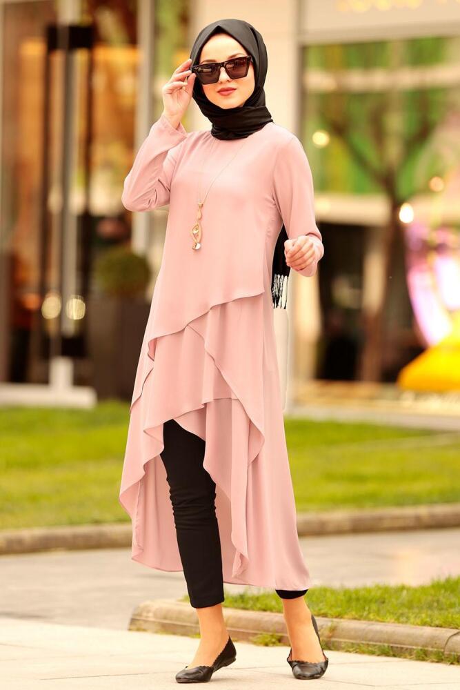 Nayla Colection - Asimetrik Kesim Pudra Tesettür Tunik 2266PD - 1