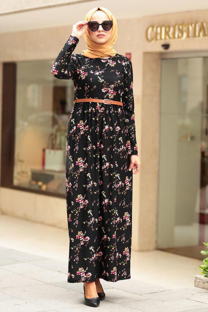 Nayla Colection - Çiçek Desenli Siyah Tesettür Elbise 16399S - 1