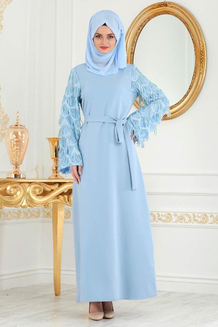 Nayla Colection - Kolları Detaylı Bebek Mavisi Tesettür Abiye Elbise 100348BM - 2